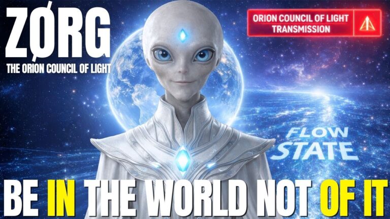 A dramatic cosmic-themed 16:9 graphic featuring a luminous gray extraterrestrial figure identified as Zorg standing before a glowing Earth and deep blue starfield, with radiant planetary light, energetic atmosphere, and bold title text reading “Be In The World Not Of It,” visually emphasizing spring equinox activation, spiritual detachment, higher consciousness, flow state alignment, and New Earth awakening.