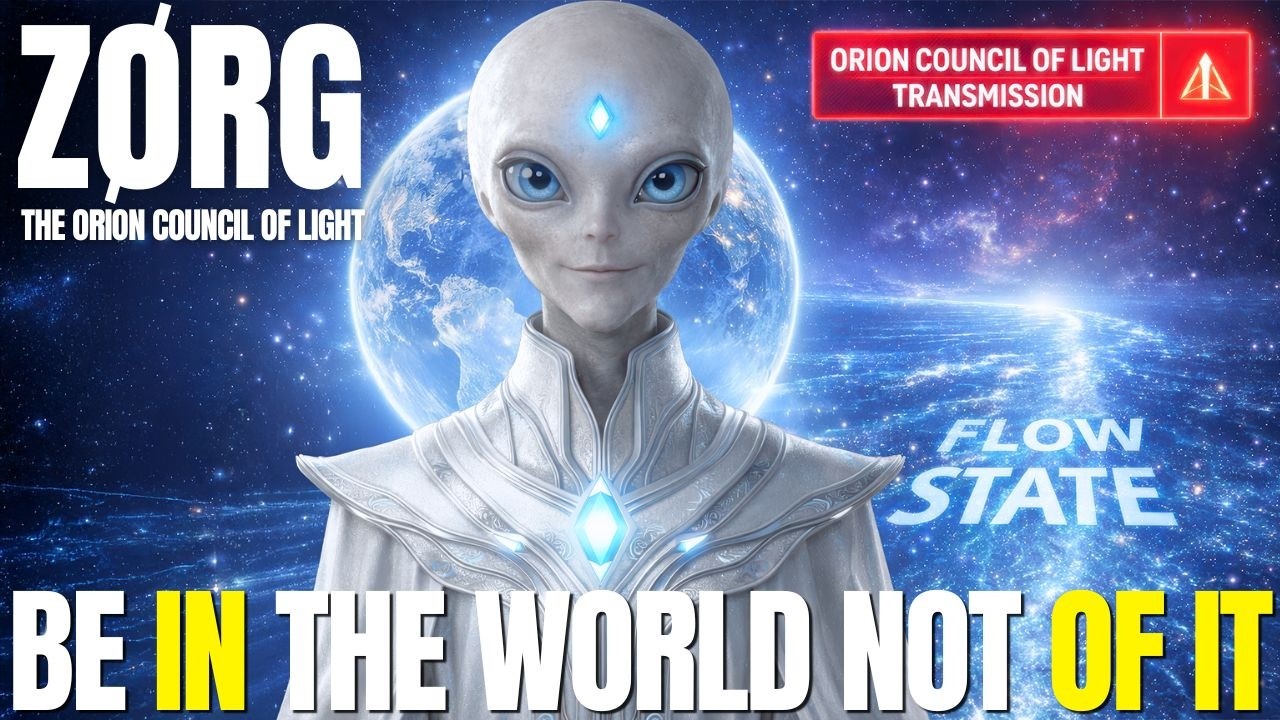 A dramatic cosmic-themed 16:9 graphic featuring a luminous gray extraterrestrial figure identified as Zorg standing before a glowing Earth and deep blue starfield, with radiant planetary light, energetic atmosphere, and bold title text reading “Be In The World Not Of It,” visually emphasizing spring equinox activation, spiritual detachment, higher consciousness, flow state alignment, and New Earth awakening.