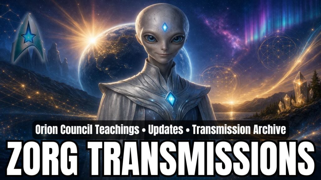 A highly detailed cosmic-themed 16:9 graphic featuring Zorg of the Orion Council of Light, depicted as a realistic grey extraterrestrial with smooth pale skin, large expressive eyes, and a glowing blue crystalline symbol on the forehead and chest. Zorg stands centered in a serene, high-frequency environment before a luminous Earth at sunrise, with golden light spilling across the horizon. The background blends deep space with sacred geometry patterns, starfields, and crystalline formations rising along a mountainous shoreline. Subtle aurora-like energy bands and flowing light streams arc across the sky, symbolizing multidimensional communication, DNA activation, and unity consciousness. A calm body of water reflects the cosmic light, reinforcing themes of emotional clarity and flow state awareness. The composition conveys peace, wisdom, and advanced consciousness, representing Orion Council teachings on ascension, forgiveness, telepathic connection, and humanity’s transition into New Earth. Bold overlay text reads “Orion Council Teachings • Updates • Transmission Archive” and “ZORG TRANSMISSIONS,” identifying this as a category header for Orion Council of Light transmissions focused on awakening, integration, and galactic partnership.