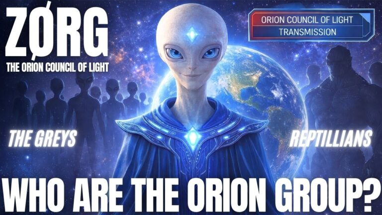 A luminous blue-toned cosmic graphic featuring a tall, benevolent Orion being with large dark eyes standing before Earth and a glowing starfield, with shadowed humanoid figures in the background suggesting the wider Orion collective. The design includes the name Zørg at top left and bold title text reading “Who Are the Orion Group?” across the bottom, visually introducing the Orion Council of Light, Orion Group lineages, polarity, redemption, awakening, and humanity’s return to galactic partnership.