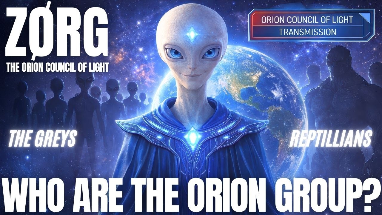 A luminous blue-toned cosmic graphic featuring a tall, benevolent Orion being with large dark eyes standing before Earth and a glowing starfield, with shadowed humanoid figures in the background suggesting the wider Orion collective. The design includes the name Zørg at top left and bold title text reading “Who Are the Orion Group?” across the bottom, visually introducing the Orion Council of Light, Orion Group lineages, polarity, redemption, awakening, and humanity’s return to galactic partnership.