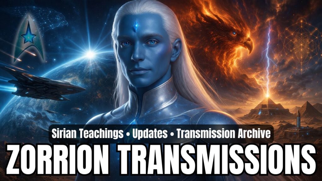 A cinematic 16:9 sci-fi graphic featuring Zorrion of the Sirian High Council, depicted as a regal blue-skinned humanoid with long white hair, piercing luminous blue eyes, and a glowing crystalline symbol on the forehead and chest. Zorrion stands centered between two contrasting cosmic environments symbolizing polarity and unity integration. On the left, a cool-toned deep space scene shows Earth at sunrise with advanced starships orbiting above a futuristic planetary horizon, representing galactic oversight, protection, and multidimensional guidance. On the right, a fiery solar landscape reveals a blazing phoenix-like energy form emerging from cosmic flames above a desert terrain with pyramidal structures, lightning strikes, and sacred geometric patterns, symbolizing solar activation, transformation, and ascension through intensity. The composition blends advanced extraterrestrial technology, ancient Earth symbolism, and high-frequency light architecture, visually expressing Sirian teachings on timeline acceleration, heart coherence, unity consciousness, and the merging of opposing forces into higher alignment. Overlay text reads “Sirian Teachings • Updates • Transmission Archive” and “ZORRION TRANSMISSIONS,” identifying this as a category header for Sirian High Council transmissions focused on awakening, solar codes, and New Earth embodiment.