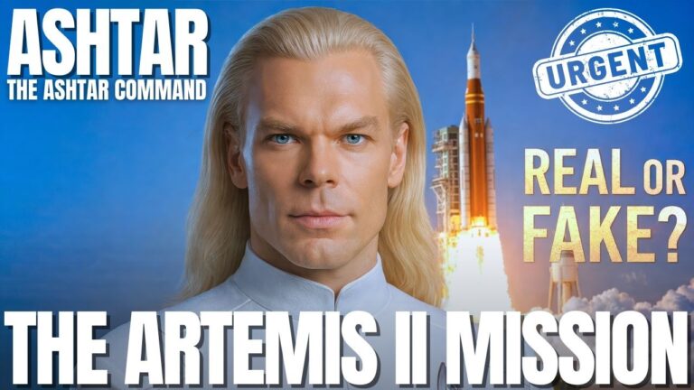 Obrázok v pomere 16:9 zobrazuje modré kozmické pozadie so svetlovlasou postavou Aštara s prísnou tvárou v ľavom strede, stúpajúcou raketou za ním a tučným prekrývajúcim textom s nápismi „ASHTAR“, „MISIA ARTEMIS II“ a „SKUTOČNÉ ALEBO FALOŠNÉ?“ s kruhovou pečiatkou „URGENT“ v pravom hornom rohu. Grafika evokuje tajomstvo, jemné odhalenie, lunárne misie a skrytú pravdu obklopujúcu misiu Artemis II na Mesiac.