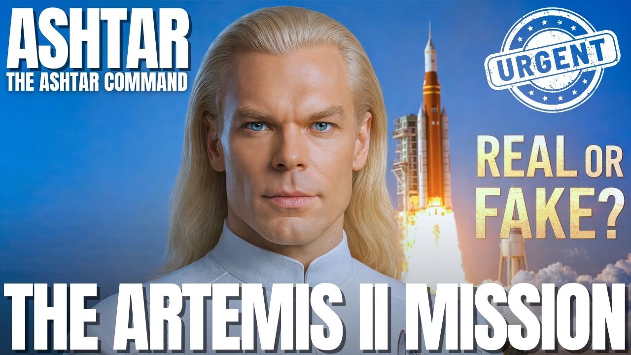 Obrázok v pomere 16:9 zobrazuje modré kozmické pozadie so svetlovlasou postavou Aštara s prísnou tvárou v ľavom strede, stúpajúcou raketou za ním a tučným prekrývajúcim textom s nápismi „ASHTAR“, „MISIA ARTEMIS II“ a „SKUTOČNÉ ALEBO FALOŠNÉ?“ s kruhovou pečiatkou „URGENT“ v pravom hornom rohu. Grafika evokuje tajomstvo, jemné odhalenie, lunárne misie a skrytú pravdu obklopujúcu misiu Artemis II na Mesiac.