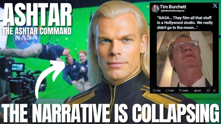 A dramatic 16:9 graphic for a disclosure-themed post showing a blond, blue-eyed space commander figure at center against a vivid green background, with space imagery and a white arrow pointing toward a dark anomaly on the left. A smaller inset image in the upper right shows a man leaning back with text above him. Large bold text across the bottom reads: “THE NARRATIVE IS COLLAPSING.”