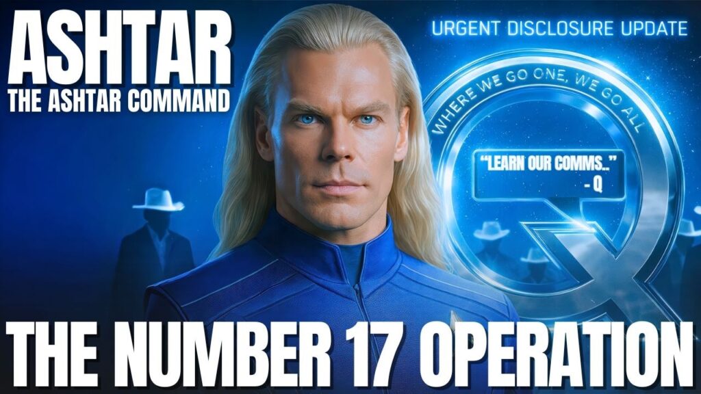 16:9 blue-toned spiritual disclosure graphic featuring a stern long-haired male figure labeled Ashtar beside a glowing circular interface or portal, with the bold title “The Number 17 Operation,” representing a transmission about the Number 17 operation, the USA frontman, coded communications, narrative warfare, awakening discernment, and humanity’s preparation for disclosure.
