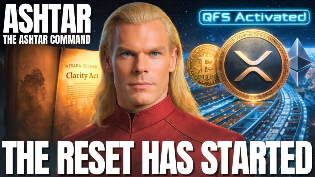 Quantum Financial System Update 2026: The QFS Infrastructure, Tokenized Money, Real-Time Payments, And The New Financial System Already Taking Shape — ASHTAR Transmission 2 | Galactic Federation of Light | The Campfire Circle A cinematic 16:9 graphic featuring Ashtar in the foreground with long blond hair and a red garment, set against a glowing cosmic and digital backdrop. Bright planetary orbs, blue technological light patterns, and a symbolic XRP-style emblem appear behind him. Bold white headline text across the bottom reads “THE RESET HAS STARTED,” conveying a dramatic Quantum Financial System, global reset, and real-time financial transition theme.