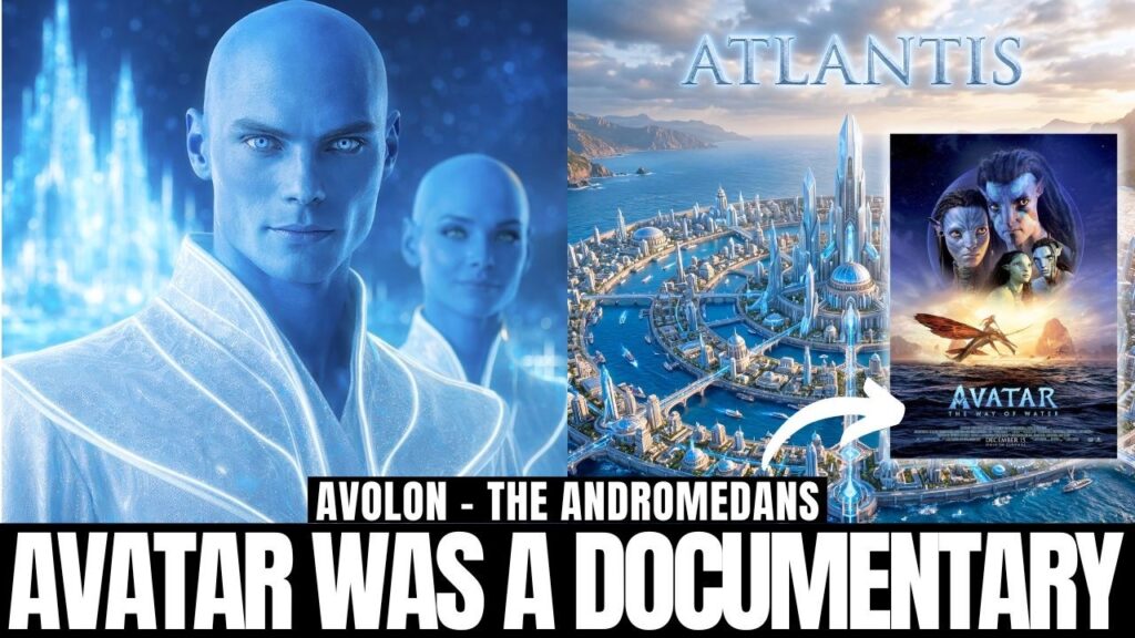 Синя графика с формат 16:9, изобразяваща две светещи същества, наподобяващи Андромеданци, отляво, футуристичен крайбрежен град в стил Атлантида отдясно и вмъкнат плакат „Аватар: Пътят на водата“ с бяла стрелка. Голям удебелен текст в долната част гласи „АВАТАР БЕШЕ ДОКУМЕНТАЛЕН ФИЛМ“, а по-малък текст отгоре гласи „АВОЛОН - АНДРОМЕДАНЦИТЕ“. Изображението предполага духовна връзка между Аватар, Атлантида, паметта и галактическия произход.