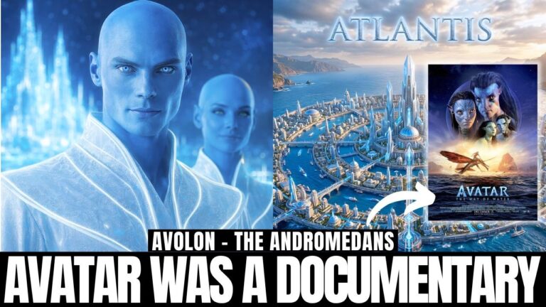 گرافیکی با تُن آبی و نسبت تصویر ۱۶:۹ که دو موجود نورانی شبیه آندرومدا را در سمت چپ، یک شهر ساحلی به سبک آتلانتیس در آینده را در سمت راست و یک پوستر «آواتار: راه آب» را با یک فلش سفید در خود جای داده است. متن بزرگ و پررنگ در پایین تصویر نوشته شده است: «آواتار یک مستند بود» و متن کوچک‌تر در بالا نوشته شده است: «آوالون - آندرومداها». این تصویر نشان‌دهنده‌ی پیوند معنوی بین آواتار، آتلانتیس، حافظه و ریشه‌های کهکشانی است.