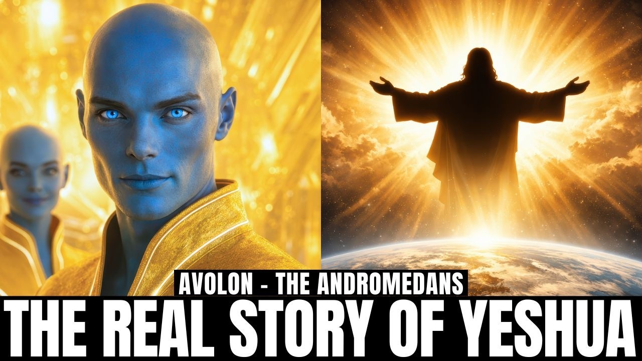 Dramatická grafika s rozdeleným panelom a pomerom strán 16:9 znázorňujúca duchovný prenos o Ježišovi a Ješuovi. Vľavo sa na pozadí žiarivého zlatého svetla objavuje modrý detailný záber bytosti pripomínajúcej Andromedána. Vpravo stojí žiariaca silueta Ješuu alebo Ježiša s rozpaženými rukami v brilantnom zlatobielom svetle nad žiarivým horizontom. Tučný biely nadpis v dolnej časti znie: „SKUTOČNÝ PRÍBEH JEŠUU“. Obrázok vyjadruje zjavenie, vedomie Krista, skrytú históriu, duchovné prebudenie, Máriu Magdalénu a cestu božského stelesnenia.