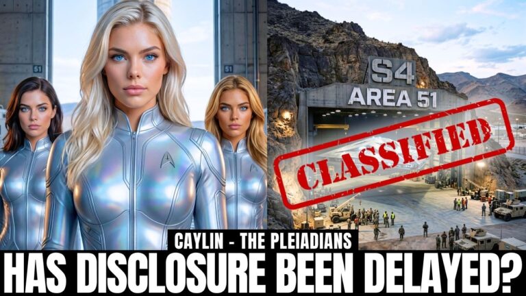 A cinematic 16:9 disclosure-themed graphic featuring three silver-blue humanoid female figures in the foreground, a distant mountain base marked “S4 AREA 51,” and a bold red “CLASSIFIED” stamp across the scene. Large caption text asks, “HAS DISCLOSURE BEEN DELAYED?” The image visually represents UAP disclosure, hidden government programs, extraterrestrial contact, secrecy, and the rising public search for truth, inner awakening, and human consciousness expansion.