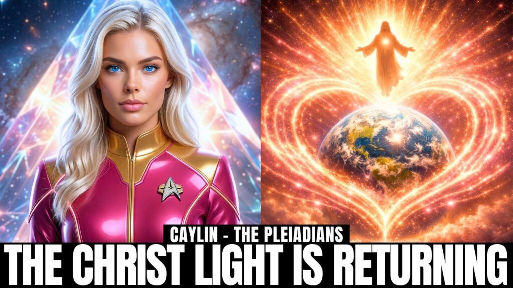 Dramatic 16:9 Easter-themed spiritual graphic featuring a luminous blond Pleiadian figure in radiant pink robes on the left and a glowing heart-shaped field of golden resurrection light on the right, with Earth resting in the center beneath an upward arrow symbolizing ascension, Christ light rising, and planetary awakening. Bold headline text across the bottom reads: “THE CHRIST LIGHT IS RETURNING.” The image evokes Easter resurrection, divine presence, living in the Now, New Earth frequencies, and preparation for open contact.