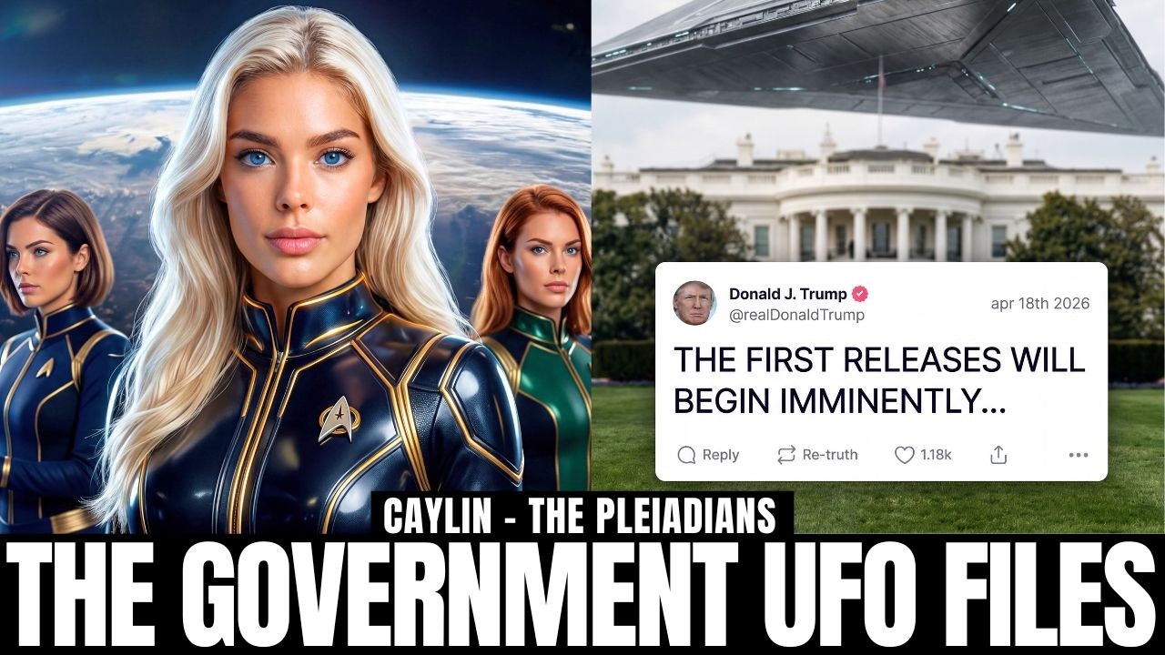 Dramatic 16:9 disclosure graphic showing a blonde female figure in the foreground with two additional figures behind her, set against Earth from space on the left and the White House with an on-screen social media style post on the right. Bold text across the bottom reads “THE GOVERNMENT UFO FILES,” visually signaling imminent government UFO file releases, UAP disclosure, non-human intelligence, and hidden records coming into public view.