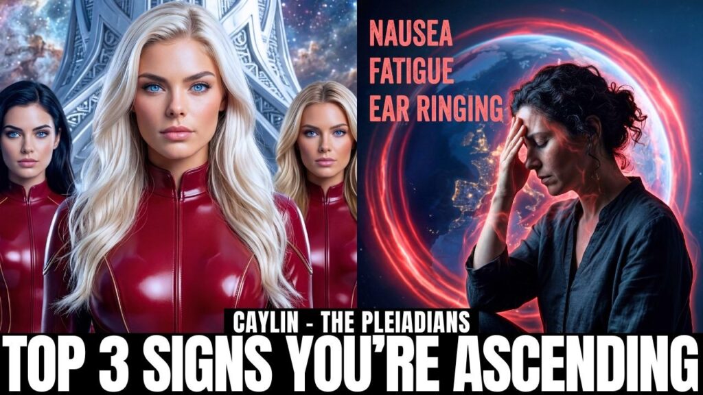 16:9 YouTube-style graphic for a spiritual awakening post titled “Top 3 Signs You’re Ascending,” featuring three blond, human-like galactic women in red suits on the left and a distressed woman holding her forehead in front of a glowing circular energy portal on the right, with bold white title text across the bottom and smaller orange text in the upper right suggesting physical, emotional, and energetic changes linked to ascension symptoms and New Earth transformation.