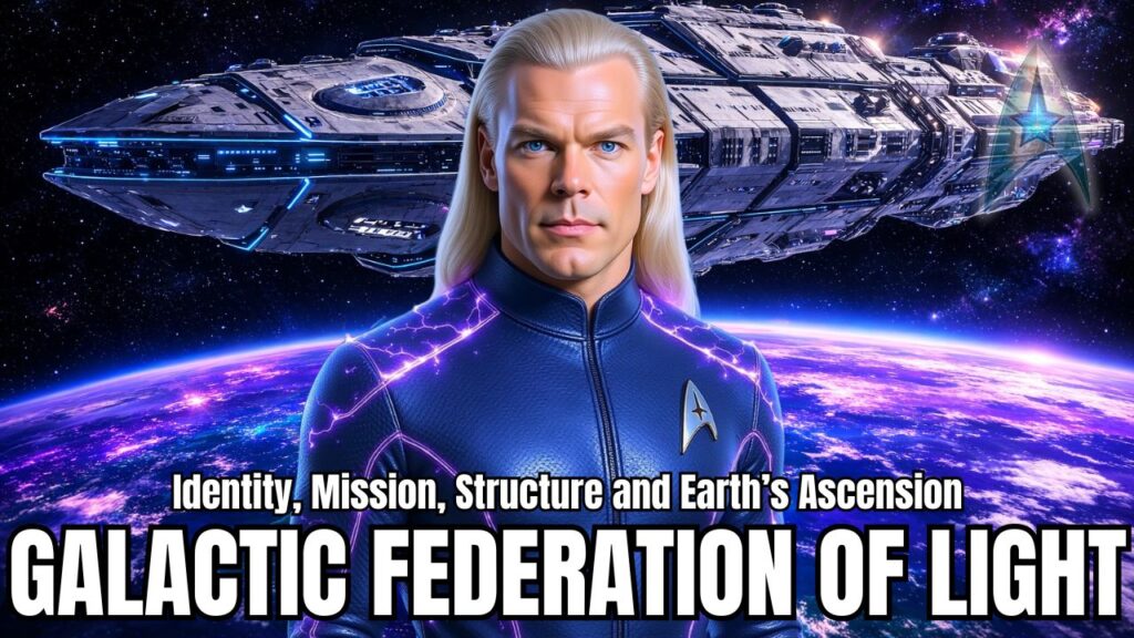 ನಕ್ಷತ್ರಗಳಿಂದ ತುಂಬಿದ ಹಿನ್ನೆಲೆಯಲ್ಲಿ ಬೃಹತ್ ಮುಂದುವರಿದ ನಕ್ಷತ್ರ ನೌಕೆಯೊಂದಿಗೆ, ಕಕ್ಷೆಯಿಂದ ಭೂಮಿಯ ಮುಂದೆ ನಿಂತಿರುವ, ಹೊಳೆಯುವ ನೀಲಿ-ನೇರಳೆ ಫ್ಯೂಚರಿಸ್ಟಿಕ್ ಸೂಟ್‌ನಲ್ಲಿ ಕಕ್ಷೆಯಿಂದ ನಿಂತಿರುವ, ಕಕ್ಷೆಯಿಂದ ನಿಂತಿರುವ, ನೀಲಿ ಕಣ್ಣಿನ ಹುಮನಾಯ್ಡ್ ರಾಯಭಾರಿಯನ್ನು ತೋರಿಸುವ ಸಿನಿಮೀಯ ಗ್ಯಾಲಕ್ಟಿಕ್ ಫೆಡರೇಶನ್ ಆಫ್ ಲೈಟ್ ಹೀರೋ ಗ್ರಾಫಿಕ್. ಮೇಲಿನ ಬಲಭಾಗದಲ್ಲಿ ಪ್ರಕಾಶಮಾನವಾದ ಫೆಡರೇಶನ್ ಶೈಲಿಯ ಲಾಂಛನ ಕಾಣಿಸಿಕೊಳ್ಳುತ್ತದೆ. ಚಿತ್ರದಾದ್ಯಂತ ದಪ್ಪ ಪಠ್ಯವು "ಗ್ಯಾಲಕ್ಟಿಕ್ ಫೆಡರೇಶನ್ ಆಫ್ ಲೈಟ್" ಎಂದು ಚಿಕ್ಕ ಉಪಶೀರ್ಷಿಕೆ ಪಠ್ಯದೊಂದಿಗೆ ಓದುತ್ತದೆ: "ಗುರುತು, ಧ್ಯೇಯ, ರಚನೆ ಮತ್ತು ಭೂಮಿಯ ಆರೋಹಣ."