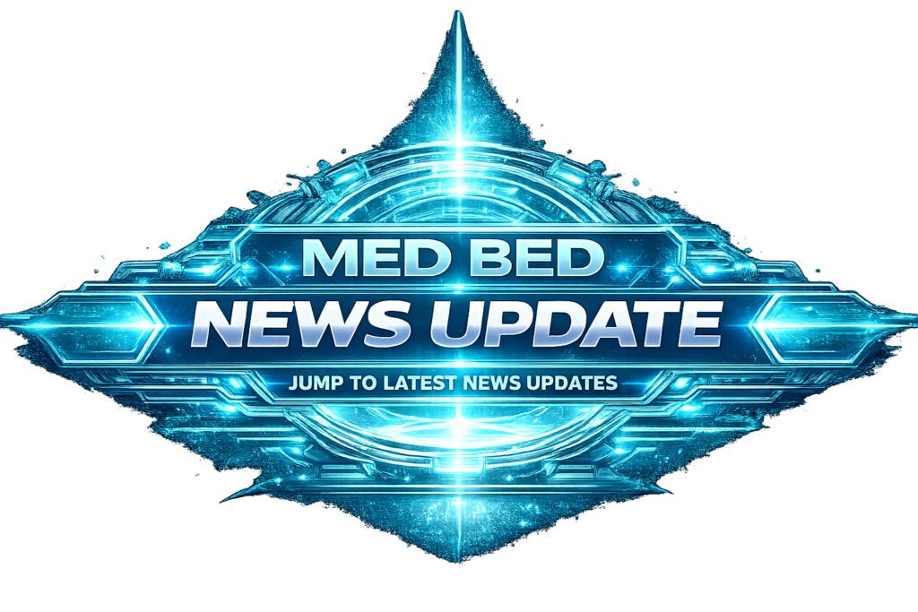 Med Bed သတင်းကဏ္ဍအတွက် အနာဂတ်ဆန်သော ပွင့်လင်းမြင်သာသော ဘန်နာဂရပ်ဖစ်၊ တောက်ပသော အဆင့်မြင့်နည်းပညာဘောင်အတွင်း အလယ်တွင် "MED BED NEWS UPDATE" ဟု ရေးထားသော ရဲရင့်သော သတ္တုအဖြူနှင့် အပြာရောင်စာသားပါရှိသည်။ ဒီဇိုင်းကို တောက်ပသော အပြာရောင်ဆားကစ်ပတ်လမ်း၊ ရောင်ခြည်အလင်းတန်းများနှင့် စက်ဝိုင်းပုံ ဆေးဘက်ဆိုင်ရာအခန်းကဲ့သို့သော စွမ်းအင်လက်စွပ်တို့ဖြင့် ဝန်းရံထားပြီး အဆင့်မြင့်ကုသရေးနည်းပညာ၊ ပြန်လည်ထူထောင်ခြင်း၊ Med Bed rollout အချက်ပြမှုများနှင့် နောက်မျိုးဆက်ပြန်လည်ထူထောင်ရေးစနစ်များနှင့် ဆက်စပ်နေသော ချောမွေ့သောသိပ္ပံစိတ်ကူးယဉ်အလှတရားကို ဖန်တီးပေးသည်။.