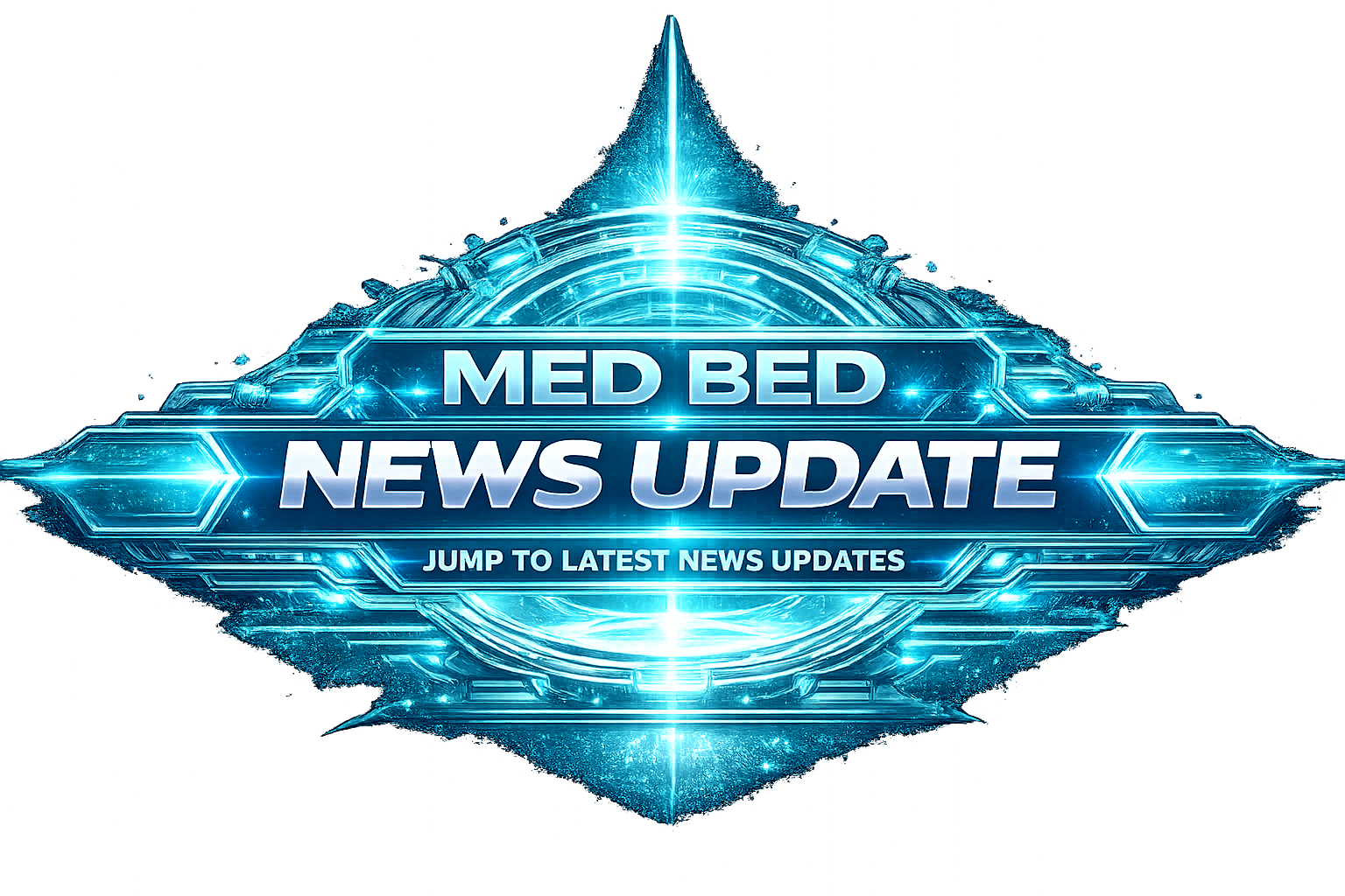 Med Bed သတင်းကဏ္ဍအတွက် အနာဂတ်ဆန်သော ပွင့်လင်းမြင်သာသော ဘန်နာဂရပ်ဖစ်၊ တောက်ပသော အဆင့်မြင့်နည်းပညာဘောင်အတွင်း အလယ်တွင် "MED BED NEWS UPDATE" ဟု ရေးထားသော ရဲရင့်သော သတ္တုအဖြူနှင့် အပြာရောင်စာသားပါရှိသည်။ ဒီဇိုင်းကို တောက်ပသော အပြာရောင်ဆားကစ်ပတ်လမ်း၊ ရောင်ခြည်အလင်းတန်းများနှင့် စက်ဝိုင်းပုံ ဆေးဘက်ဆိုင်ရာအခန်းကဲ့သို့သော စွမ်းအင်လက်စွပ်တို့ဖြင့် ဝန်းရံထားပြီး အဆင့်မြင့်ကုသရေးနည်းပညာ၊ ပြန်လည်ထူထောင်ခြင်း၊ Med Bed rollout အချက်ပြမှုများနှင့် နောက်မျိုးဆက်ပြန်လည်ထူထောင်ရေးစနစ်များနှင့် ဆက်စပ်နေသော ချောမွေ့သောသိပ္ပံစိတ်ကူးယဉ်အလှတရားကို ဖန်တီးပေးသည်။.