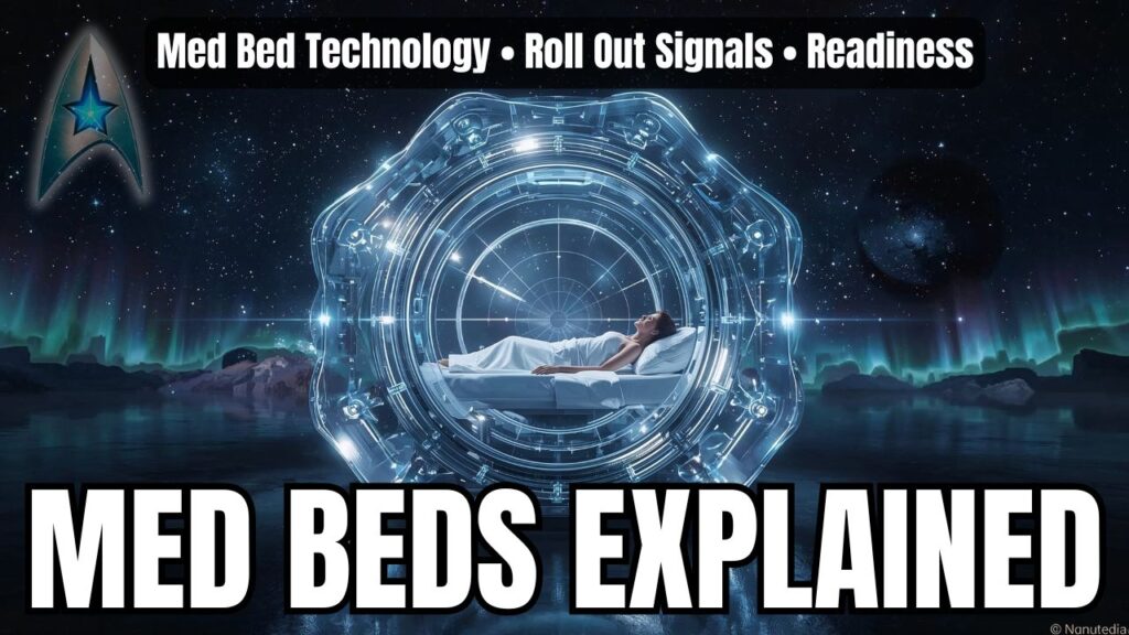 A luminous sci-fi med bed chamber glows in icy blue light beneath a star-filled night sky, with a person lying peacefully inside a circular healing pod above reflective water and distant aurora-like horizons. Bold purple-white text at the top reads “Med Bed Technology • Rollout Signals • Readiness,” while the bottom features the large title “MED BEDS.”