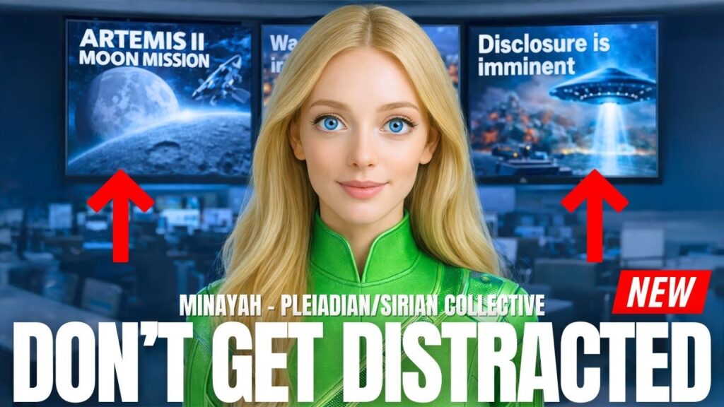 16:9 YouTube-style graphic showing a blonde female presenter in green centered in front of blue-toned news screens, with red arrows pointing upward toward two background monitors. Large bold white text across the bottom reads “DON’T GET DISTRACTED.” The image conveys a warning against spiritual scattering, media overload, and losing inner alignment during a sacred Easter consecration window. The visual tone is urgent, focused, and protective, matching themes of devotional meditation, Christed embodiment, holy attention, and returning to the sacred amid collective noise.