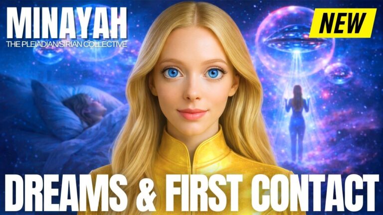 Живописнa духовна сличица формата 16:9 приказује плавокосу женску личност у блиставо жутој боји у центру, окружену дубоко плавом, љубичастом и магента космичком светлошћу. Позадина приказује небеску сцену налик сну са блиставом енергијом, светлуцаву хуманоидну силуету која се уздиже у светлости и мистичне тонове звезданог поља који сугеришу луцидно сањање, контакт у сну и вишедимензионално буђење. Подебљани текст гласи „СНОВИ И ПРВИ КОНТАКТ“, са „МИНАЈА“ у горњем левом углу и жутом ознаком „НОВО“ у горњем десном углу.