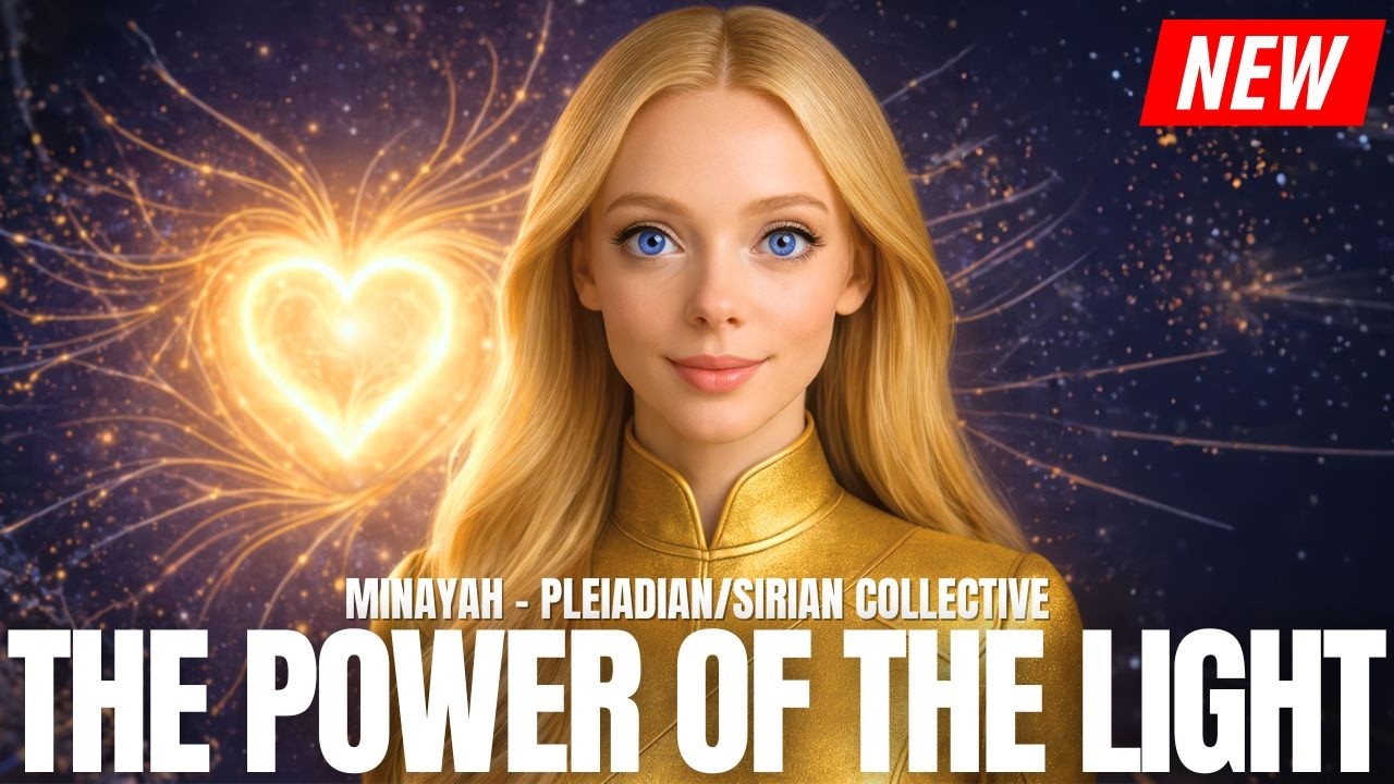 Rich alt text: Golden spiritual portrait graphic for “How to Embody the Light Within,” featuring a luminous blonde feminine figure beside a glowing heart-shaped light against a deep cosmic background. Bold white title text reads “THE POWER OF THE LIGHT,” with a red “NEW” tag in the top corner. The image symbolizes Christ consciousness, heart awakening, spiritual embodiment, inner light activation, and the starseed mission on Earth.