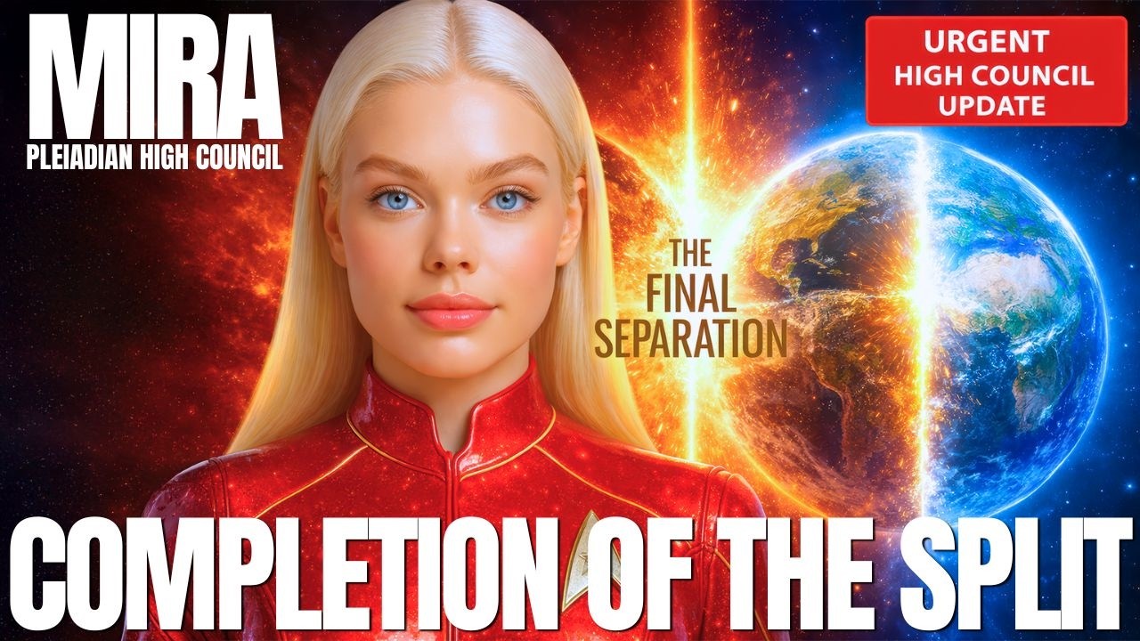 A dramatic 16:9 spiritual graphic showing a luminous blonde feminine figure in red before a split Earth, with fiery orange light on one side and deep blue planetary tones on the other, symbolizing the timeline split, New Earth transformation, instant manifestation, and the shift into higher consciousness. Bold white title text reads “COMPLETION OF THE SPLIT,” with cosmic energy and a radiant ascension atmosphere throughout.