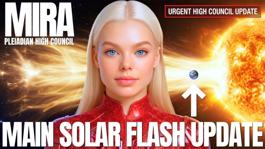 A dramatic 16:9 spiritual disclosure graphic featuring a luminous blonde female figure centered in the frame against a blazing solar backdrop, with intense golden-orange light radiating from the Sun behind her. Bold white text at the top left reads “MIRA,” while large headline text across the bottom declares “MAIN SOLAR FLASH UPDATE.” A bright vertical beam of light rises near the right side, reinforcing themes of ascension, solar activation, consciousness shift, and New Earth awakening. The image conveys urgency, revelation, divine timing, and a major 2026 solar flash update tied to the split, rising ascension symptoms, and planetary transformation.