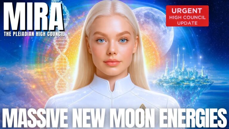 Blonde galactic woman in white before a glowing blue cosmic sky and radiant crystalline city, with luminous energy fields, stars, and ethereal light surrounding her. Bold text reads “Massive New Moon Energies,” emphasizing New Earth codes, solar storms, timeline shifts, and the Aries new moon opening for the ground crew.