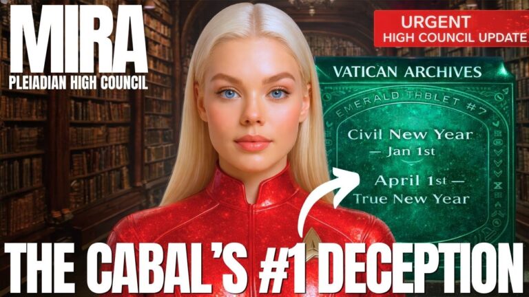 A cinematic 16:9 graphic featuring Mira of the Pleiadian High Council standing in a vast library or archive hall, wearing a glowing red futuristic uniform. Large white text at the top left reads “MIRA” with “PLEIADIAN HIGH COUNCIL” beneath it, while a red banner in the top right says “URGENT HIGH COUNCIL UPDATE.” Beside Mira is a glowing green archive tablet labeled “VATICAN ARCHIVES” and “EMERALD TABLET #7,” displaying the contrast between “Civil New Year — Jan 1st” and “April 1st — True New Year.” A large white arrow points toward the tablet, and bold white text across the bottom reads “THE CABAL’S #1 DECEPTION,” emphasizing that the true New Year was hidden through manipulated calendar systems.