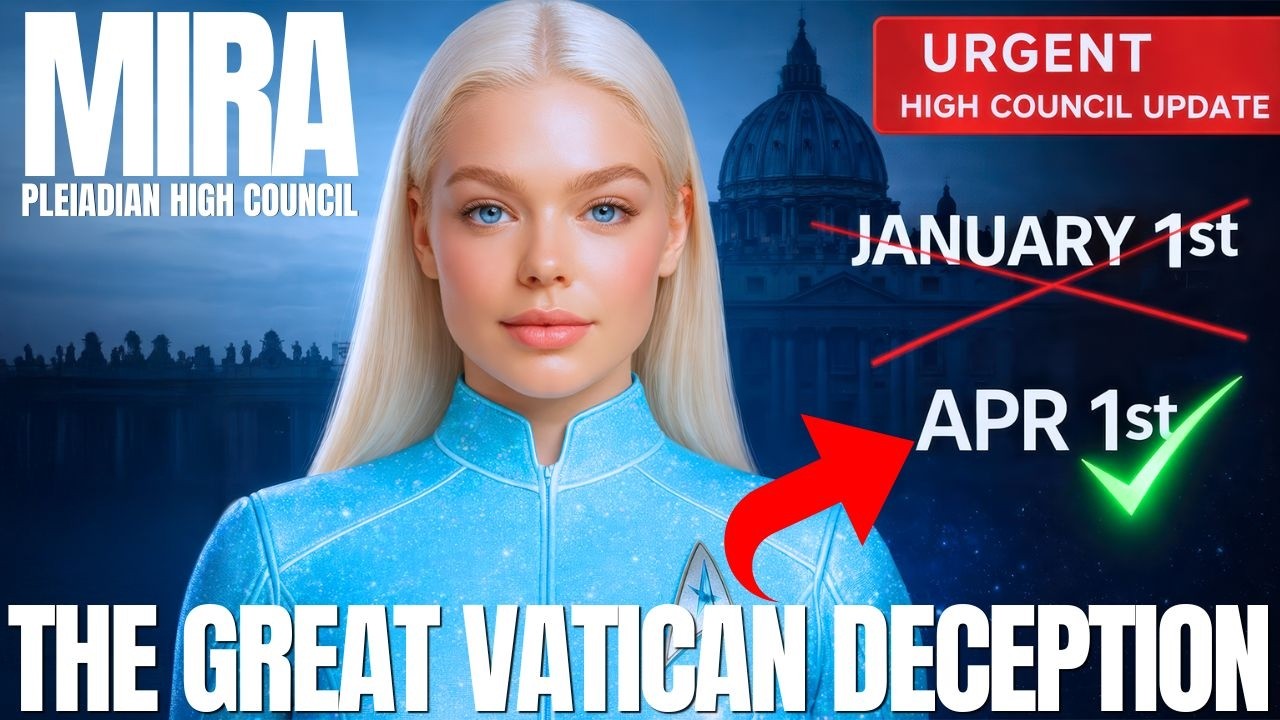 Grafika v pomere 16:9 zobrazujúca Miru z Plejádskej Vysokej rady v žiarivom modrom rúchu na tmavomodrom pozadí so slabou siluetou vatikánskej kupoly. Veľký biely text vľavo hore znázorňuje „MIRA“ a v dolnej časti „VEĽKÝ VATIKÁNSKY KLAM“. Na pravej strane sa nad textom „1. APRÍL“ zobrazuje nápis „1. JANUÁR“ s červenou šípkou smerujúcou nadol k 1. aprílu a zelenou fajkou vedľa nej. Červený banner vpravo hore znázorňuje nápis „SÚRNE“, čo zdôrazňuje tému, že apríl je skutočným energetickým novým rokom Zeme a že tradičné obnovenie kalendára 1. januára skrývalo hlbší začiatok jari.