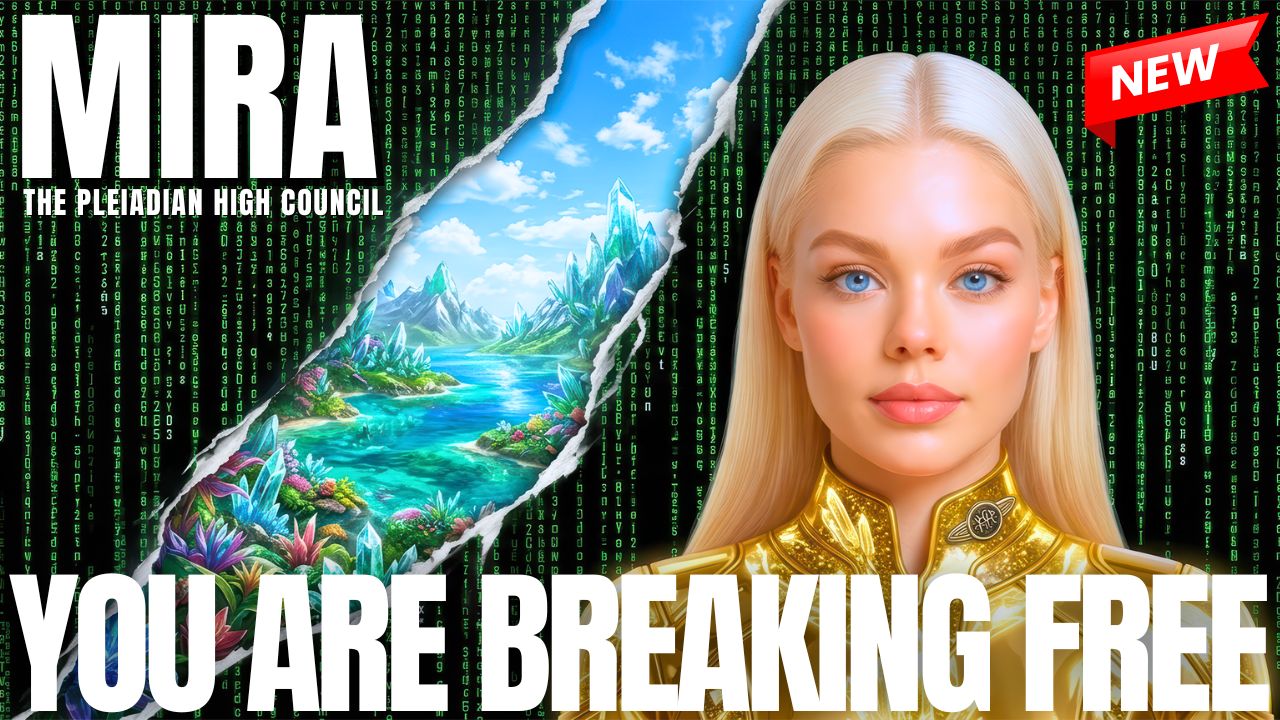 Sary ara-panahy 16:9 mampiseho an'i Mira avy amin'ny Filankevitra Ambony Pleiadianina manana volo blond mamirapiratra, tarehy volamena tony, ary sarin'ny planeta mamirapiratra toy ny Tany eo akaikiny. Ny soratra matevina dia mamaky hoe "MIRA" sy "MAFAKA IANAO," maneho ny hafatra fiakarana Tany Vaovao momba ny fifohazana ara-batana, ny fifehezana ara-tsaina, ny fahaiza-manavaka ara-moraly, ny fahalalahana ara-bola, ny fanjakana ara-nofo efatra, ary ny vatolampin'ny hazavana ao anatin'ny fahatsiarovan-tenan'olombelona.