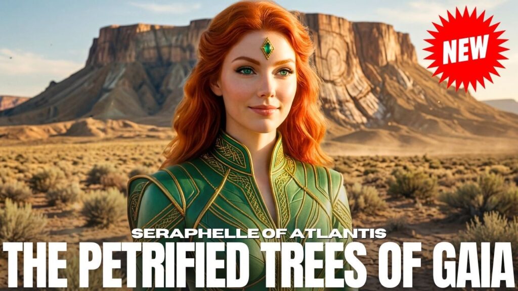 The Great Trees Of Gaia: They Are Not Flat Mountains, But Earth’s Original Living Power System And Morphogenetic Field Returning Now — SERAPHELLE Transmission 5 | Galactic Federation of Light | The Campfire Circle A cinematic 16:9 spiritual graphic showing a red-haired feminine figure in green standing before towering flat-topped rock formations in a desert landscape at golden light. Bold white title text across the bottom reads “THE PETRIFIED TREES OF GAIA,” while a red circular badge in the upper right says “NEW.” The image evokes ancient Earth memory, petrified giant tree theory, Gaia’s original living power system, and the return of the Great Trees as part of Earth’s morphogenetic field awakening.