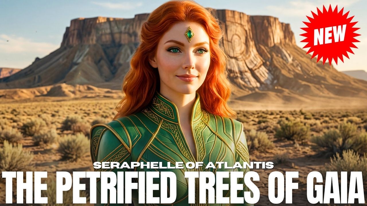 A cinematic 16:9 spiritual graphic showing a red-haired feminine figure in green standing before towering flat-topped rock formations in a desert landscape at golden light. Bold white title text across the bottom reads “THE PETRIFIED TREES OF GAIA,” while a red circular badge in the upper right says “NEW.” The image evokes ancient Earth memory, petrified giant tree theory, Gaia’s original living power system, and the return of the Great Trees as part of Earth’s morphogenetic field awakening.