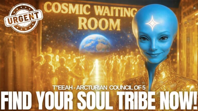 Ib daim duab ci ntsa iab, zoo li zaj yeeb yaj kiab 16:9 sci-fi uas muaj tus Arcturian xiav luag ntxhi hnav khaub ncaws kub zoo nkauj ntawm sab xis, nrog lub cim dawb ci ntsa iab hauv pliaj thiab lub qhov muag ntsia ncaj qha. Tom qab tus neeg, ib lub tsev kub ci ntsa iab puv nrog cov duab tib neeg ci ntsa iab nthuav mus rau qhov pom ntawm lub ntiaj teb nyob deb. Cov ntawv loj loj ntawm lub npe saum toj kawg nkaus nyeem tias "COSMIC WAITING ROOM," thaum cov ntawv loj loj hla hauv qab hais tias "NRHIAV KOJ TUS SOUL TRIBE TAM SIM NO!" Ib daim ntawv cim nyob rau sab laug saum toj kawg nkaus hais tias "URGENT," thiab cov ntawv me me qhia txog "T'EEAH - ARCTURIAN COUNCIL OF 5." Daim duab ua rau muaj kev sib sau ua ke ntawm tsev neeg ntsuj plig, kev lees paub cov hnub qub, cov phooj ywg nce mus saum ntuj, thiab kev tshawb nrhiav ib tus neeg ntsuj plig tiag tiag.