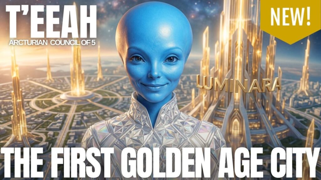 Niebieskoskóry Arkturianin w centrum, przed promiennym, złotym miastem świetlistych wież i płynnej, futurystycznej architektury, z pogrubionym, białym napisem „TEEAH” u góry i „PIERWSZE MIASTO ZŁOTEGO WIEKU” u dołu, a także małym złotym banerem „NOWY” w prawym górnym rogu. Obraz przywołuje Luminarę jako świętą cywilizację Nowej Atlantydy 2.0, która wyłania się na Ziemi dzięki duchowej dojrzałości, boskiemu porządkowi i świetlistemu, zorientowanemu na człowieka projektowi.