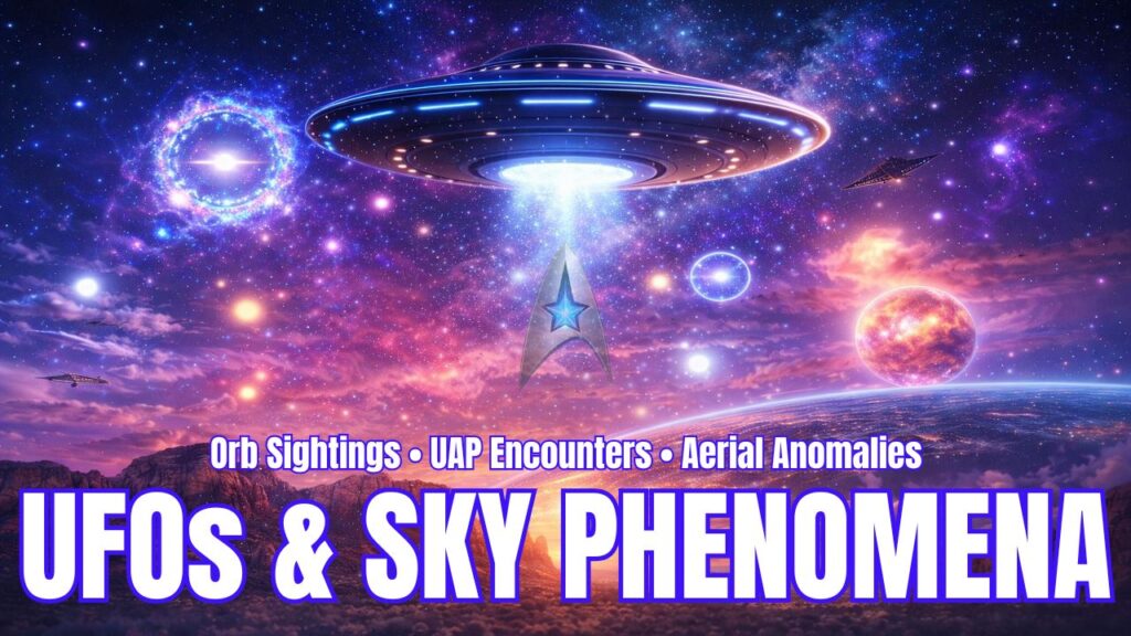 Wide 16:9 feature graphic for a UFO and UAP sky phenomena category page, showing a massive glowing disc-shaped UFO centered high in a vivid cosmic sky above a red rock desert landscape at sunset, with a bright blue-white beam descending from the craft and a metallic star-emblem symbol floating beneath it. The background is filled with colorful orb lights, a luminous circular portal at left, a smaller ringed light at right, distant triangular craft, a glowing planetary body on the horizon, and a sweeping Earth-like curve across the lower right, all rendered in bright etheric purples, blues, pinks, and golds. Bold headline text across the lower portion reads “UFOS & SKY PHENOMENA,” with smaller text above stating “Orb Sightings • UAP Encounters • Aerial Anomalies,” creating a cinematic disclosure-style visual for UAP sightings, UFO encounters, aerial anomalies, orb activity, and cosmic sky events.