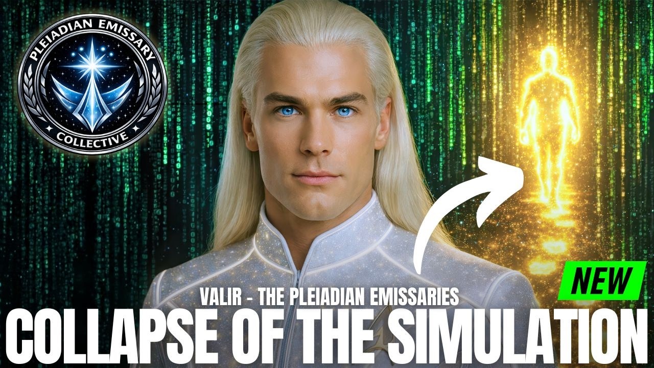 A cinematic 16:9 graphic showing a pale-haired Pleiadian-looking figure in white against a glowing green digital matrix backdrop, with a bright golden humanoid light-form at the right side and a white arrow pointing toward it. Bold white text across the bottom reads “COLLAPSE OF THE SIMULATION,” while a circular blue emblem appears in the upper left corner and a small green “NEW” tag sits near the right edge. The image evokes spiritual awakening, higher consciousness, the breakdown of false reality, and the transition from third-density programming into sovereign 5D embodiment.