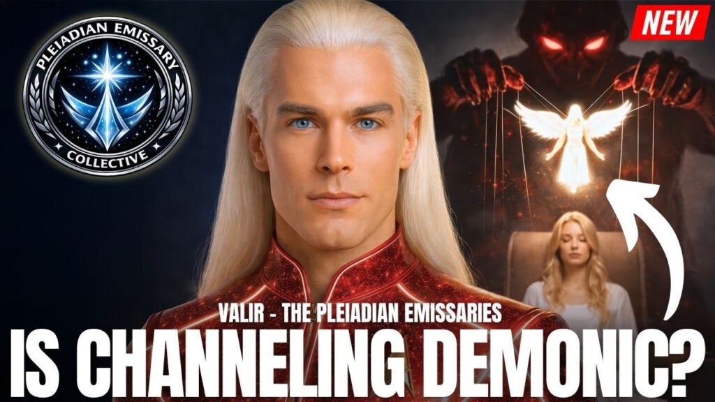 Драматична графика за духовен дебат, показваща светеща дългокоса фигура в центъра, сенчести форми с червени очи на заден план и светещ бял гълъб, спускащ се над по-малка човешка фигура. Удебеленият текст в долната част гласи „ДЕМОНИЧЕСКО ЛИ Е КАНАЛИЗИРАНЕТО?“. Изображението визуално противопоставя основаното на страх религиозно обвинение на божествената светлина, проницателност и духовно приемане.