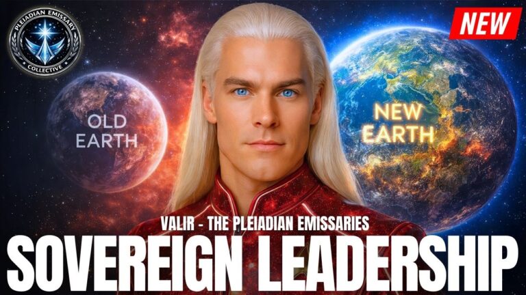 Obrázok v pomere 16:9 zobrazuje serióznu, dlhovlasú blond mužskú postavu Plejádčana v červenom slávnostnom oblečení uprostred žiariacej modrej Zeme a fialovočervenej kozmickej sféry s farbami hlbokého vesmíru a energetickými planetárnymi svetelnými efektmi v pozadí. Veľký tučný biely text v dolnej časti znie „ZVRCHOVANÉ VEDENIE“ s menším nadpisom nad ním, ktorý odkazuje na vedenie Novej Zeme. Obrázok vyjadruje duchovnú autoritu, rozlišovanie, vyššie sebaovládanie a kolektívne správcovstvo v rámci témy galaktického vzostupu.