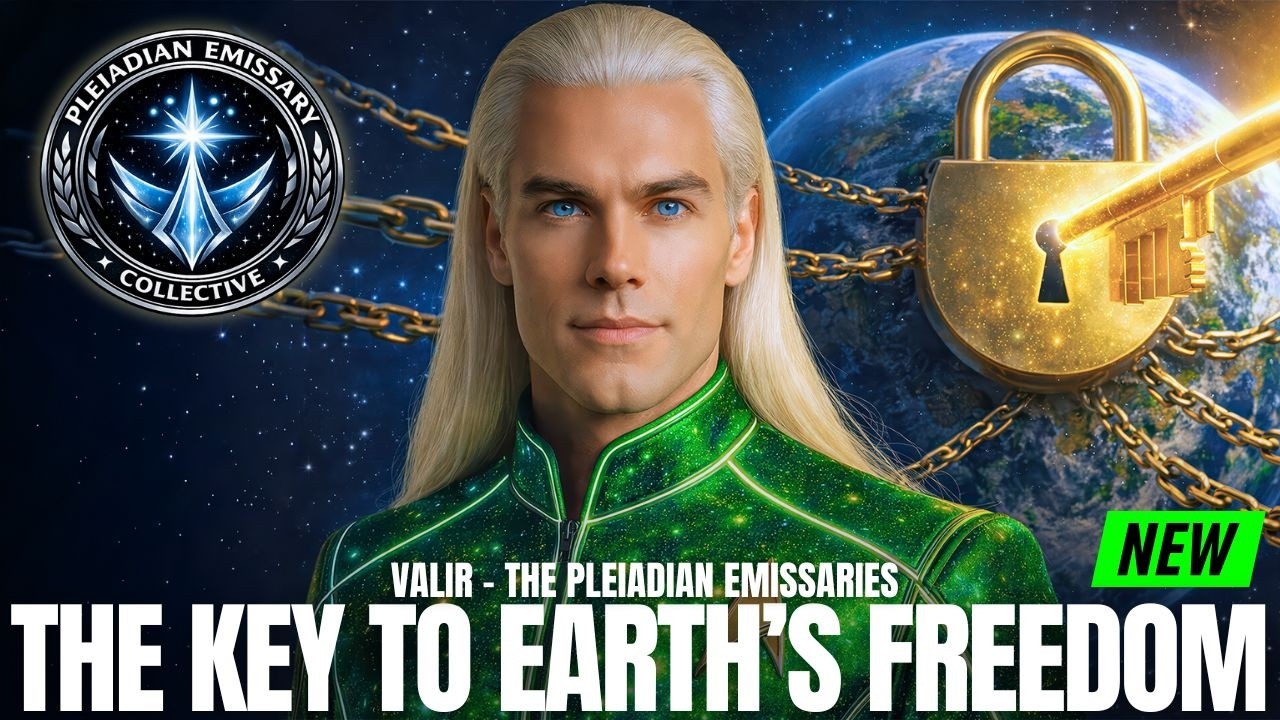 A luminous blond Pleiadian figure in a glowing green suit stands at the center of a cosmic blue background, flanked by celestial symbols and a gold padlock, suggesting sovereignty, protection, and the unlocking of planetary freedom. Bold white title text reads “THE KEY TO EARTH’S FREEDOM,” with a small green GFL mark in the corner. The image conveys starseed leadership, manifestation through action, spiritual alignment, and real-world change.