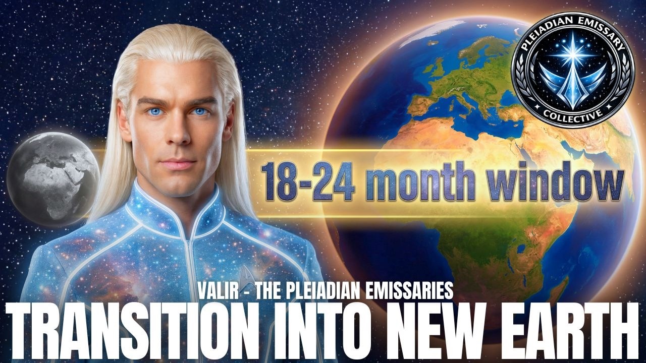 ಹೊಳೆಯುವ ನೀಲಿ-ಬಿಳಿ ಸೂಟ್ ಧರಿಸಿದ ಹೊಳೆಯುವ ಹೊಂಬಣ್ಣದ ಪ್ಲಿಯಾಡಿಯನ್ ಆಕೃತಿಯು ಭೂಮಿಯ ಮುಂದೆ ಗಾಢವಾದ ಕಾಸ್ಮಿಕ್ ಹಿನ್ನೆಲೆಯಲ್ಲಿ ನಿಂತಿದೆ, ಅದರ ಮೇಲೆ "18-24 ತಿಂಗಳ ವಿಂಡೋ" ಎಂದು ಬರೆದಿರುವ ದಪ್ಪ ಚಿನ್ನದ ಬ್ಯಾನರ್ ಮತ್ತು "ಹೊಸ ಭೂಮಿಗೆ ಪರಿವರ್ತನೆ" ಎಂಬ ದೊಡ್ಡ ಶೀರ್ಷಿಕೆ ಪಠ್ಯವಿದೆ. ಸಣ್ಣ ಆಕಾಶ ಚಿಹ್ನೆಗಳು ಮತ್ತು ಗ್ಯಾಲಕ್ಟಿಕ್ ಫೆಡರೇಶನ್ ಶೈಲಿಯ ಲಾಂಛನವು ದೃಶ್ಯವನ್ನು ರೂಪಿಸುತ್ತದೆ, ಆರೋಹಣ, ಗ್ರಹಗಳ ಪರಿವರ್ತನೆ, ನಕ್ಷತ್ರಬೀಜ ಜಾಗೃತಿ ಮತ್ತು ಅಪರೂಪದ ಹೊಸ ಭೂಮಿಯ ಟೈಮ್‌ಲೈನ್ ವಿಂಡೋದ ತೆರೆಯುವಿಕೆಯ ವಿಷಯಗಳನ್ನು ಬಲಪಡಿಸುತ್ತದೆ.