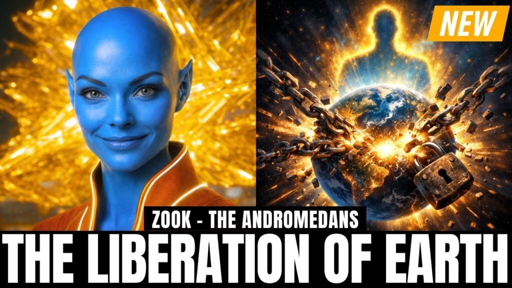 16:9 featured graphic for “Inner Healing and Spiritual Awakening Guide: Self Forgiveness, Dream Guidance, Discernment, Embodiment, and Sole Purpose Activation,” showing a blue-skinned Andromedan being on the left and a radiant golden spiritual scene on the right with a glowing human silhouette above the Earth, fiery light, and bold white text reading “The Liberation of Earth,” symbolizing inner healing, self-forgiveness, awakening, embodiment, and the liberation of consciousness through discernment and soul-aligned living.