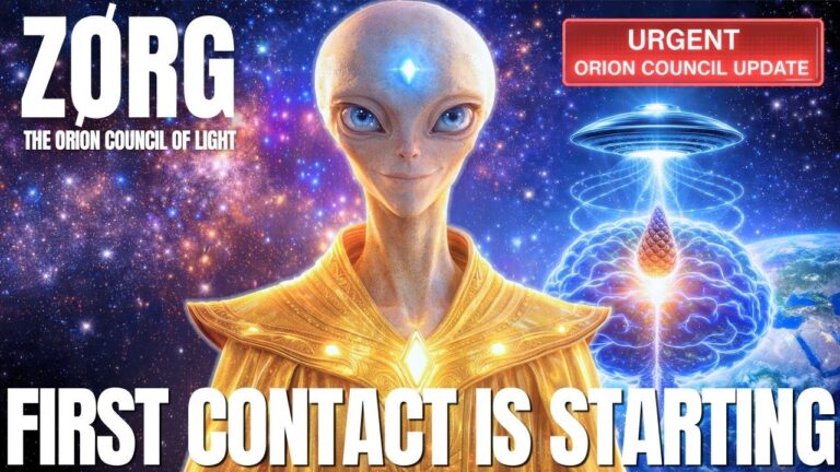 Golden alien figure with glowing blue eyes and a radiant forehead light stands before a vivid cosmic background of stars, purple nebulae, and a luminous UFO hovering over a planet. Bold text reads “ZORG” at the top and “FIRST CONTACT IS STARTING” across the bottom, with a red banner in the corner announcing a channeled message about telepathy, galactic contact, and open contact preparation.