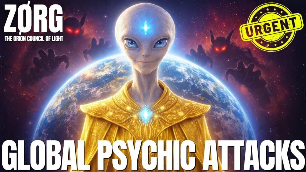 Μια εντυπωσιακή κοσμική μικρογραφία που απεικονίζει τον Ζοργ του Συμβουλίου του Φωτός του Ωρίωνα να στέκεται μπροστά στη Γη με λαμπερή μπλε ενέργεια στο τρίτο μάτι και το στήθος, σε ένα σκούρο κόκκινο και βιολετί γαλαξιακό φόντο. Το έντονο λευκό κείμενο αναφέρει «ΠΑΓΚΟΣΜΙΕΣ ΨΥΧΙΚΕΣ ΕΠΙΘΕΣΕΙΣ», ενώ η εικόνα σηματοδοτεί θέματα ψυχικού πολέμου, ενεργειακών παρεμβολών, ηχώ χρονοδιαγράμματος, πολυδιάστατης προστασίας και καθοδήγησης ανάληψης για αστρόσπορους και εργάτες φωτός κατά τη διάρκεια μιας ισχυρής πλανητικής ενημέρωσης τον Απρίλιο του 2026.
