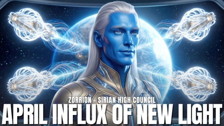 Gràfic 16:9 en tons blaus que mostra un ésser sirià lluminós al centre amb corrents d'energia blanc-blau brillants i nodes de llum circulars que irradien darrere seu sobre un fons còsmic profund. El text en negreta a la part inferior diu "INFLUX DE NOVA LLUM A L'ABRIL". La imatge transmet l'activació de l'ADN sirià, les actualitzacions fotòniques, el despertar del cor, la incorporació de freqüència més alta i el lideratge de la Nova Terra durant una intensa finestra d'ascensió a l'abril de 2026.