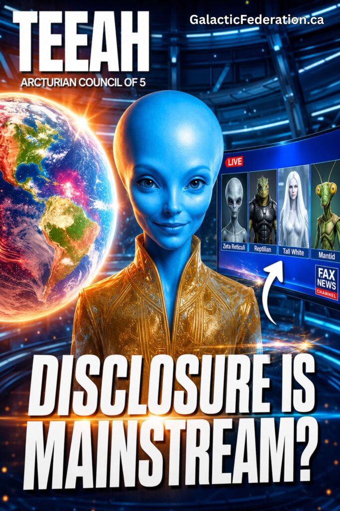 Fullständig avslöjande har blivit global: Fox News-bevakning och ett brådskande Starseed-meddelande om DNA-aktivering, uppvaknande och tidslinjeval — T'EEAH Transmission 7 | Galactic Federation of Light | The Campfire Circle Arcturus T'eeah som visar en fridfull blå utomjordisk figur i en glödande guldfärgad klädnad, stående mellan en strålande jord och en futuristisk nyhetsskärm. Skärmen visar fyra icke-mänskliga intelligensformer märkta Zeta Reticuli, Reptilian, Tall White och Mantid, med en fet rubrik som lyder "Disclosure Is mainstream?". Bilden stöder ett angeläget stjärnfröbudskap om fullständig avslöjande, Fox-liknande nyhetsbevakning, DNA-aktivering, uppvaknandetecken och tidslinjeval.