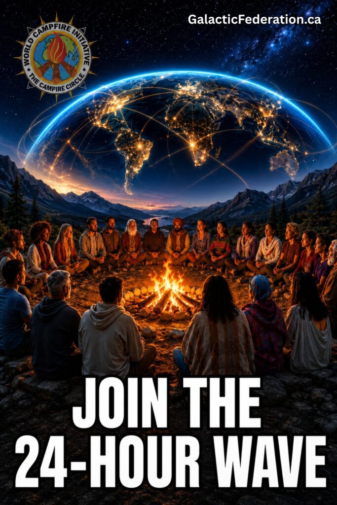 Campfire Circle: ကမ္ဘာ့ပထမဆုံး ၂၄ နာရီ လှိမ့်နေသောလှိုင်း ကမ္ဘာလုံးဆိုင်ရာ အစုလိုက်အပြုံလိုက် တရားထိုင်ခြင်း အစီအစဉ် ၆ | အလင်းရောင်၏ ဂယ်လက်ဆီအဖွဲ့ချုပ် | Campfire Circle တိုက်ကြီးများကို ဆက်သွယ်ထားသော ရွှေရောင်ချိတ်ဆက်မှုမျဉ်းများဖြင့် ဝန်းရံထားသော ဧရာမမီးထွန်းထားသော ကမ္ဘာမြေကြီးအောက်ရှိ မီးပုံဘေးတွင် စုဝေးနေသော လူမျိုးစုံစက်ဝိုင်းကို ရုပ်ရှင်ဆန်ဆန် ဒေါင်လိုက် Facebook ဂရပ်ဖစ်ဖြင့် ပြသထားသည်။ ကြယ်များပြည့်နှက်နေသော ညကောင်းကင်နှင့် တောင်တန်းရှုခင်းများသည် မြင်ကွင်းကို ဝန်းရံထားပြီး World Campfire Initiative / Campfire Circle လိုဂိုသည် ဘယ်ဘက်အပေါ်ထောင့်တွင် ပေါ်လာသည်။ အောက်ခြေရှိ ကြီးမားသော ရဲရင့်သော အဖြူရောင်စာသားသည် "၂၄ နာရီလှိုင်းကို ပူးပေါင်းပါဝင်ပါ" ဟု ရေးသားထားပြီး စည်းလုံးမှု၊ ငြိမ်းချမ်းရေးနှင့် စုပေါင်းညီညွတ်မှုတို့၏ ကမ္ဘာလုံးဆိုင်ရာ တရားထိုင်ခြင်းကို ကိုယ်စားပြုသည်။.