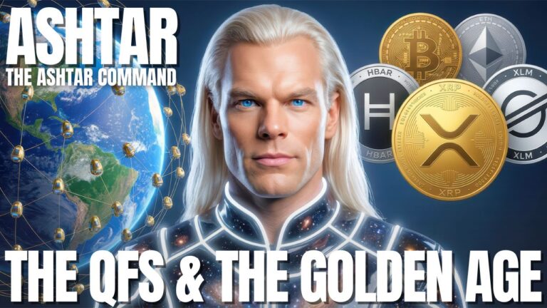 Ashtar, do Comando Ashtar, está diante de uma interface financeira futurista com símbolos monetários brilhantes, ícones dourados de riqueza e uma grade digital azul semelhante à Terra atrás dele. Um texto em negrito diz: “O SFR? A ERA DE OURO”, apresentando visualmente uma atualização do Sistema Financeiro Quântico sobre a reinicialização da riqueza do SFR, o salário soberano, o colapso da dívida, a abundância e a ascensão de uma economia da Nova Terra.
