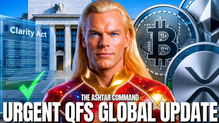 Urgent QFS Global Update graphic showing Ashtar of the Galactic Federation of Light before a financial backdrop with a bank building, Bitcoin symbol, and digital currency imagery, representing the Quantum Financial System, NESARA GESARA, QFS activation, AI abundance, gold-backed wealth, and the end of the old financial