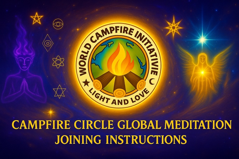 Campfire Circle ግሎባል ሜቲዲሽን የመቀላቀያ መመሪያ ግራፊክ፣ በመሃል ላይ የሚያበራ የብርሃን እና የፍቅር የካምፕፋየር አርማ፣ ወርቃማ ቅዱስ የጂኦሜትሪ ምልክቶች፣ ሐምራዊ የማሰላሰል ምስል እና በሰማያዊ እና በቫዮሌት ዳራ ላይ የሚያበራ የመልአካዊ ብርሃን በጠፈር ሰማያዊ እና በቫዮሌት ዳራ ላይ በመታየት ተሳታፊዎችን ወደ ዓለም አቀፉ የማሰላሰል World Campfire Initiativeእንዲቀላቀሉ ይጋብዛል።.